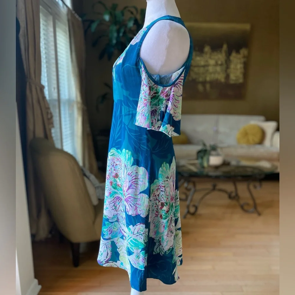 Anthropologie Maeve Elia Open Shoulder Dress Blue Floral Lined Sz 0 - Picture 4 of 16